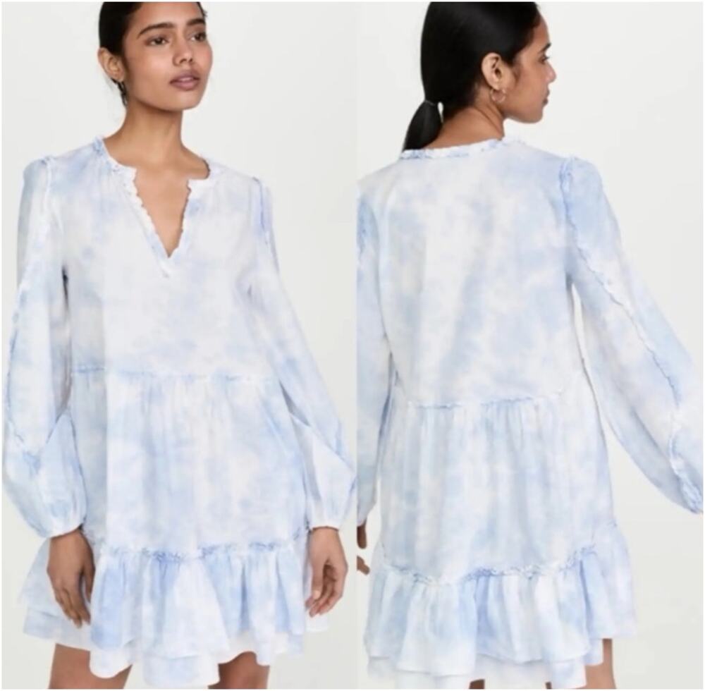 Generation Love Aubrey Cotton Mini Dress Blue Tie Dye Ruffle Babydolll Womens XS